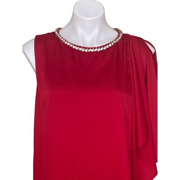 Tahari ASL Red Asymmetrical Sleeve Cocktail Dress, Rhinestones Women's Size 10 - Picture 2 of 10
